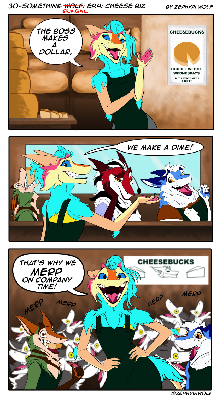 3_panel_comic absurd_res alternate_form alternate_species anthro barista blue_sclera cheek_tuft cheese chest_tuft chubby_anthro chubby_male dairy_products dialogue dialogue_box ears_back elbow_tuft facial_tuft female food fur grin group hi_res humor inner_ear_fluff lips male merp multicolored_body multicolored_fur open_mouth open_smile orange_sclera pivoted_ears sergal shoulder_tuft slightly_chubby smile thick_bottom_lip tuft wide_eyed yellow_sclera zephyri_q_wolf zephyriwolf