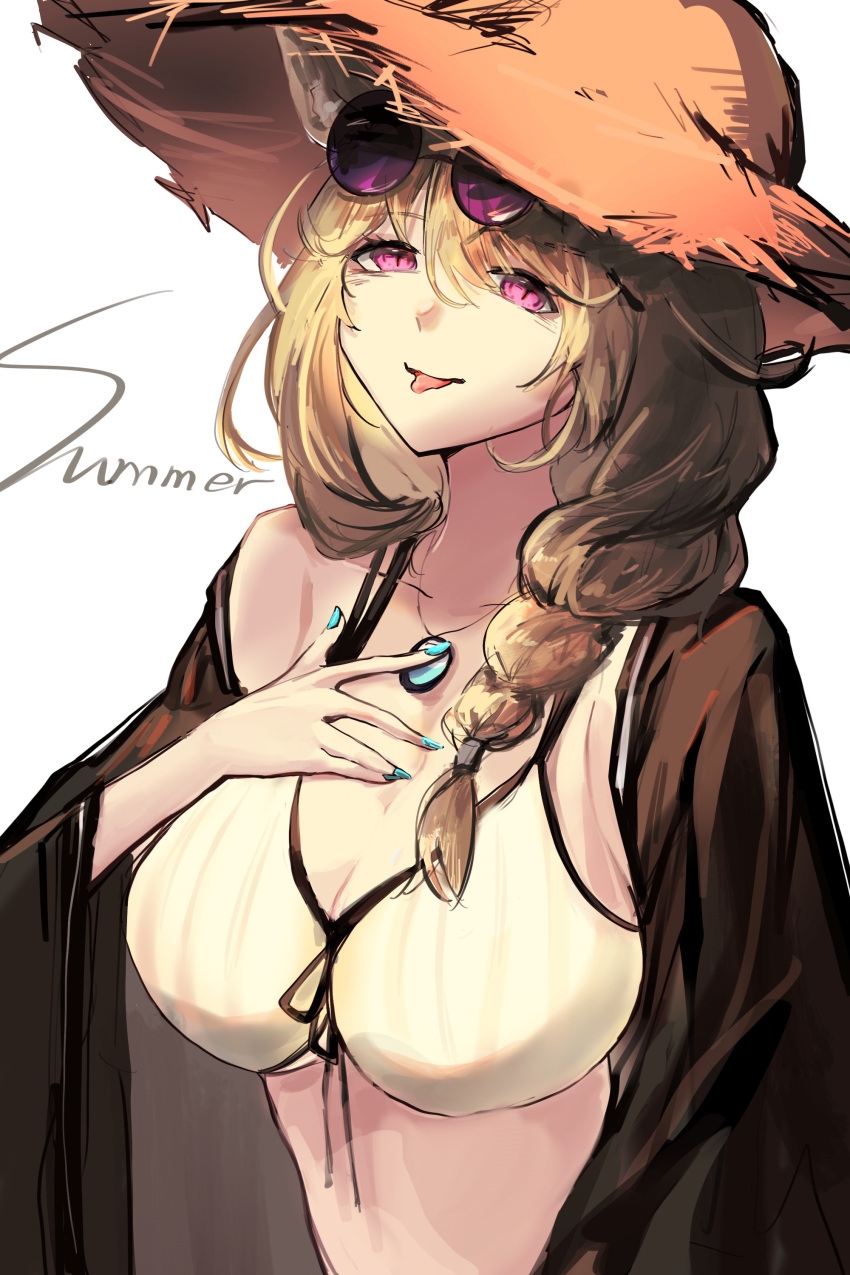 1girl :p absurdres animal_ear_fluff aqua_nails arknights bangs bikini black_jacket blonde_hair breasts chinese_commentary commentary_request eyewear_on_head front-tie_bikini front-tie_top guairenwu_a hair_between_eyes hat highres jacket jewelry large_breasts long_hair looking_at_viewer nail_polish official_alternate_costume open_clothes open_jacket pendant purple_eyes round_eyewear simple_background smile solo stomach straw_hat sunglasses swimsuit tongue tongue_out upper_body utage_(arknights) utage_(summer_flowers)_(arknights) white_background white_bikini