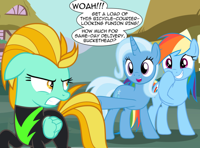 badumsquish clenched_teeth clothing dialogue english_text equid equine female friendship_is_magic hasbro hi_res horn lightning_dust_(mlp) mammal my_little_pony pegasus rainbow_dash_(mlp) skinsuit teeth text tight_clothing trixie_(mlp) unicorn wings