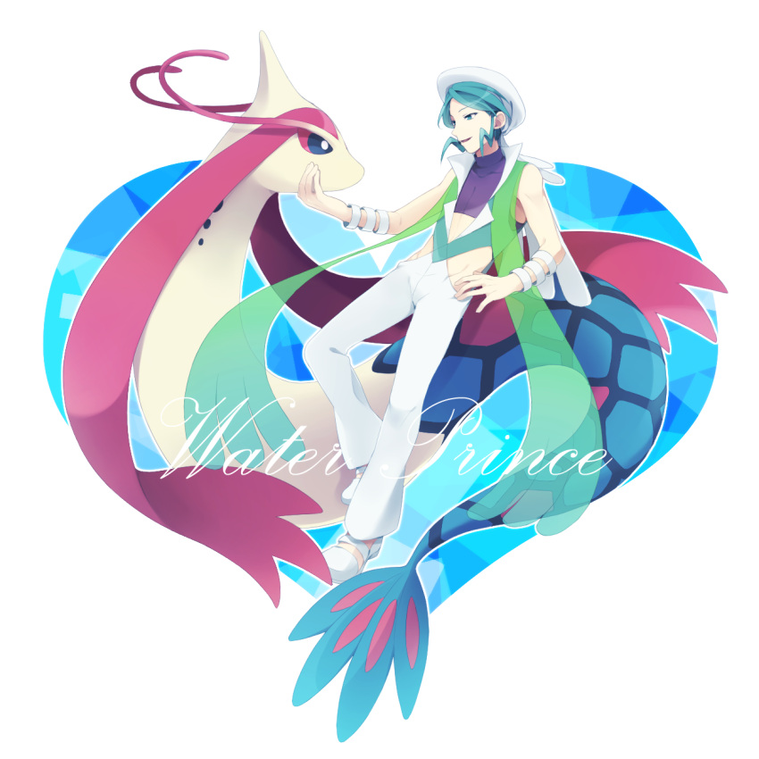 1boy aqua_vest bangle bracelet capelet commentary_request crop_top green_hair hat highres jewelry male_focus milotic open_mouth outline pants pokemon pokemon_(creature) pokemon_(game) pokemon_oras purple_shirt saku_anna shirt short_hair skin_tight sleeveless sleeveless_shirt smile wallace_(pokemon) white_capelet white_pants