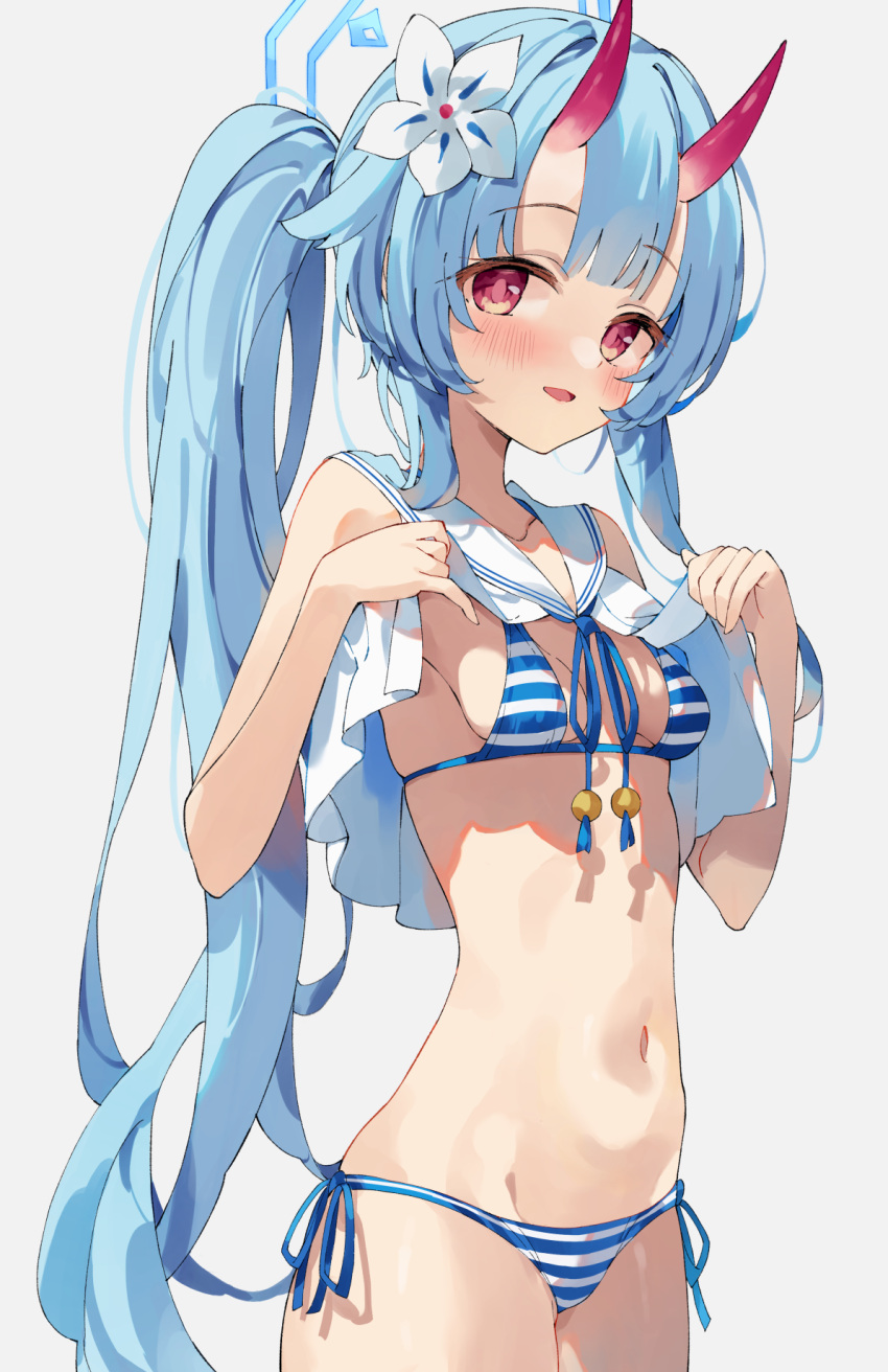 1girl :d bangs bare_shoulders bikini blue_archive blue_hair blush breasts chise_(blue_archive) chise_(swimsuit)_(blue_archive) commentary_request flower grey_background groin hair_flower hair_ornament halo hands_up highres horns long_hair looking_at_viewer medium_breasts navel oni oni_horns red_eyes sailor_collar side-tie_bikini side_ponytail simple_background smile solo striped striped_bikini swimsuit unacchi_(nyusankin) very_long_hair white_flower white_sailor_collar