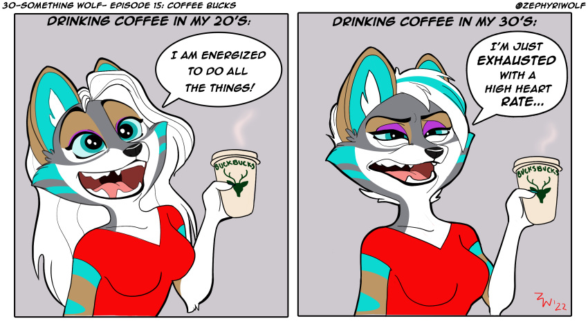 anthro beverage border canid canine canis cheek_tuft clothing coffee facial_tuft fangs female fur green_highlights grey_background hair half-closed_eyes hi_res highlights_(coloring) humor lips long_hair mammal multicolored_body multicolored_fur narrowed_eyes open_mouth open_smile shirt simple_background smile solo tank_top thick_bottom_lip topwear tuft two_panel_image white_border white_hair wolf zephyri_q_wolf zephyriwolf
