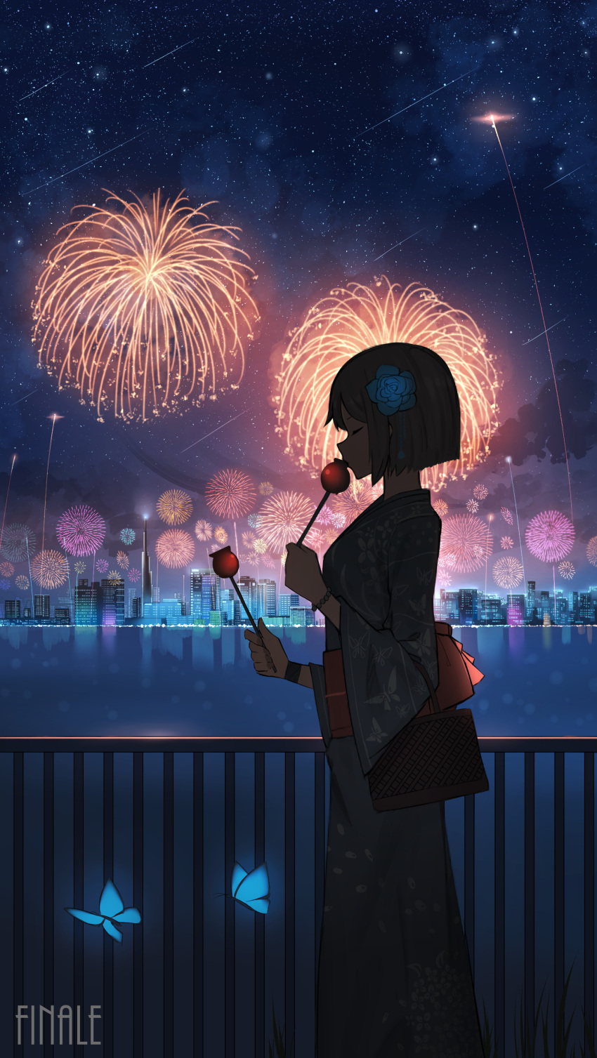 1girl absurdres bag bracelet brown_hair bug butterfly candy_apple city closed_eyes eating english_text fireworks flower food from_side glowing_butterfly hair_flower hair_ornament highres holding holding_food japanese_clothes jewelry kimono night night_sky ocean original pasoputi railing reflection reflective_water scenery shooting_star short_hair sky skyline solo star_(sky) starry_sky summer walking wristband yukata