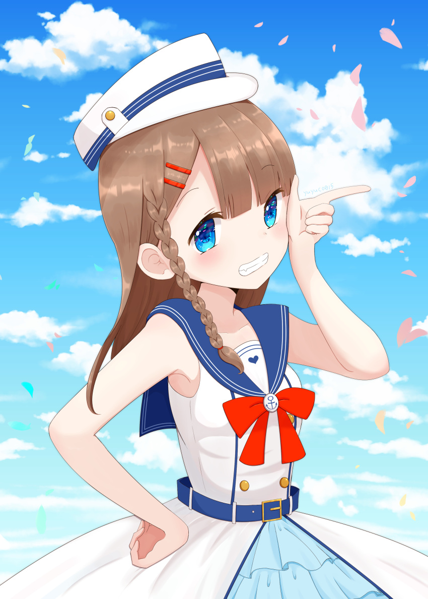 1girl absurdres anchor_symbol bangs belt blue_eyes blunt_bangs blush braid brooch brown_hair day dress falling_petals fang frilled_dress frills grin hair_ornament hairclip hand_on_hip hand_up hat highres index_finger_raised jewelry long_hair looking_at_viewer marine_day neckerchief nekomura_yuyuko original parted_bangs petals sailor_collar sailor_dress sailor_hat side_braid sky sleeveless sleeveless_dress smile solo