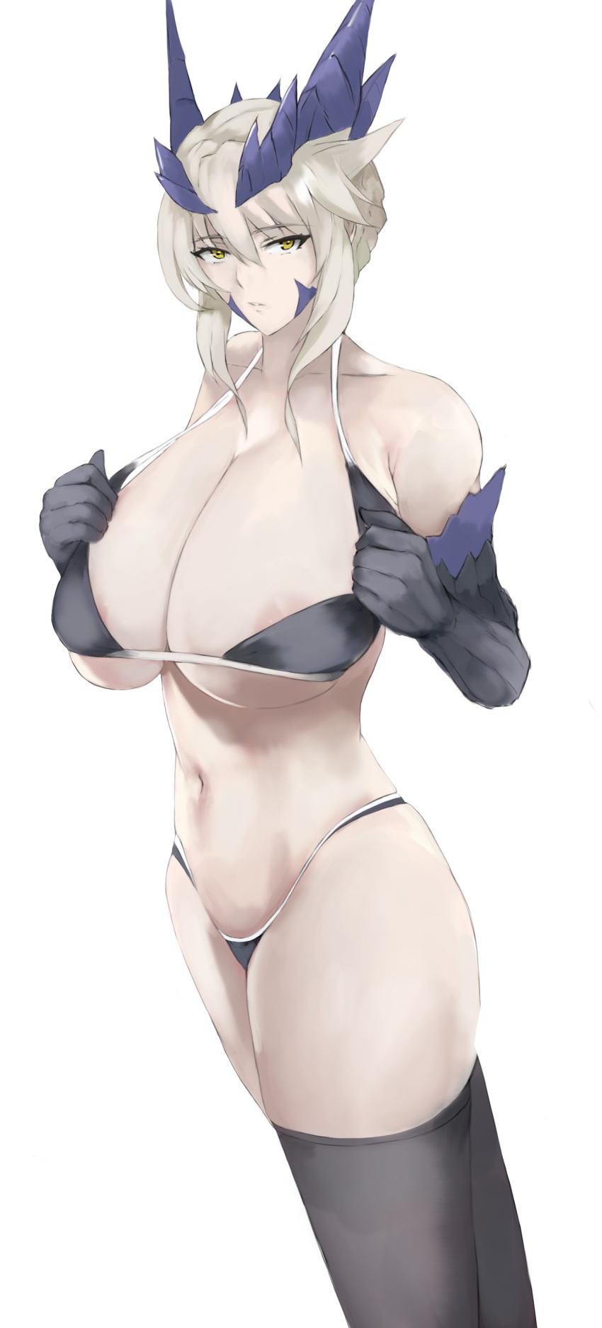 1girl absurdres areola_slip artoria_pendragon_(fate) artoria_pendragon_(lancer_alter)_(fate) ass bikini black_bikini black_thighhighs breasts cleavage collarbone elbow_gloves fate/grand_order fate_(series) gloves highres large_breasts light_brown_hair looking_at_viewer memory342 saber simple_background solo swimsuit thigh_gap thighhighs white_background