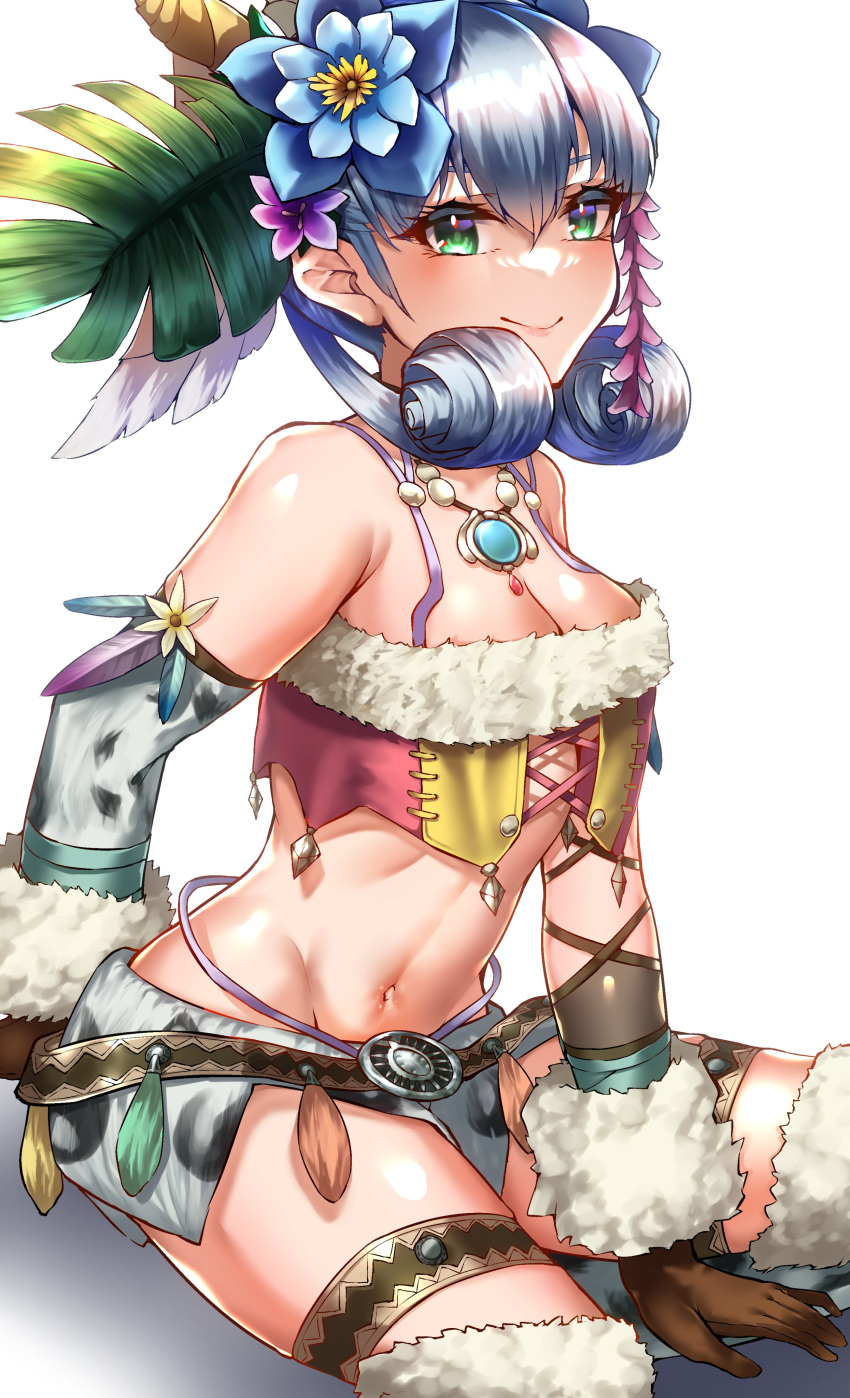 1girl absurdres blue_eyes braid breasts crown_braid curly_hair feathers gloves head_wings highres long_hair looking_at_viewer medium_breasts melia_antiqua navel puffy_sleeves revealing_clothes siebolds_demon simple_background smile solo thighhighs tribal xenoblade_chronicles_(series) xenoblade_chronicles_1