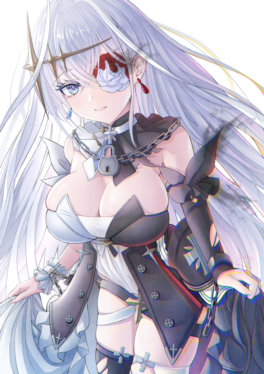 1girl azur_lane bin_murasaki black_dress blue_eyes blue_gemstone breasts cleavage clothes_lift detached_collar detached_sleeves dress dress_lift emden_(azur_lane) flower flower_eyepatch fusion gem hair_ornament highres large_breasts long_hair looking_at_viewer padlocked_collar red_flower red_gemstone red_rose rose simple_background skindentation skirt_hold solo two-tone_dress very_long_hair white_background white_dress white_flower white_hair white_rose