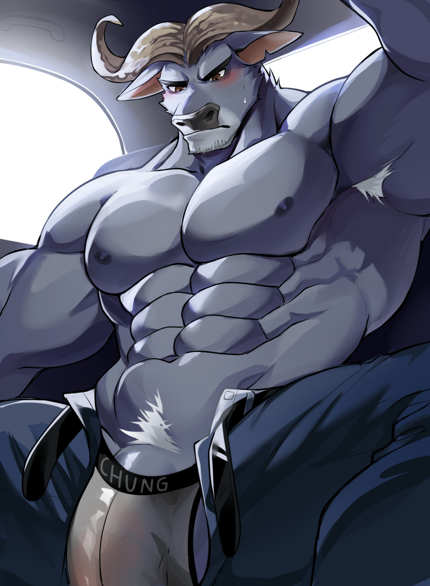 abs absurd_res anthro armpit_hair balls balls_slip barely_contained barely_contained_balls biceps black_belt black_nose blue_bottomwear blue_clothing blue_pants blush bodily_fluids body_hair bottomwear bovid bovine brown_eyes bulge cape_buffalo chief_bogo chung clothing disney exposed fur genitals grey_balls grey_body grey_fur grey_nipples grey_penis hi_res male mammal muscular muscular_anthro muscular_male nipples pants pecs penis penis_base pubes solo sweat sweatdrop translucent translucent_clothing translucent_underwear underwear undone_belt unzipped unzipped_pants white_pubes zootopia