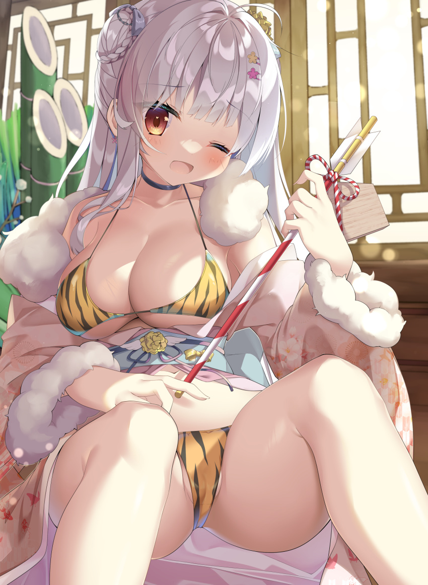 1girl absurdres ahoge azur_lane breasts cleavage cygnet_(azur_lane) grey_hair hair_bun highres japanese_clothes kimono long_hair looking_at_viewer maritaki one_eye_closed oppai_loli red_eyes solo swimsuit tiger_stripes