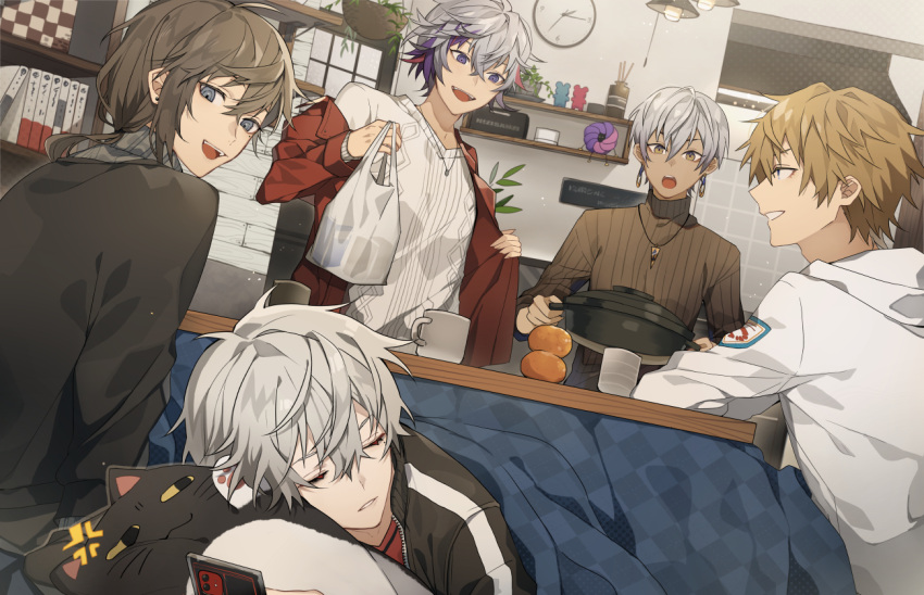 5boys anger_vein blonde_hair cup dark-skinned_male dark_skin doll_hug earrings ex_albio food fruit fuwa_minato grey_eyes grey_hair hair_ornament hairclip ibrahim_(nijisanji) indoors jewelry kanae_(nijisanji) kiragera kotatsu kuzuha_(nijisanji) long_sleeves looking_at_another low_ponytail male_focus multicolored_hair multiple_boys necklace nijisanji object_hug off_shoulder open_mouth orange_(fruit) pink_hair purple_eyes purple_hair short_hair sleeping smile streaked_hair stuffed_animal stuffed_cat stuffed_toy table vampire yellow_eyes