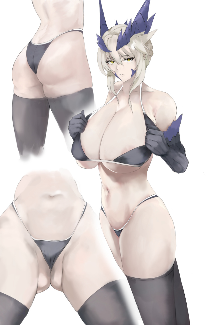 1girl absurdres areola_slip artoria_pendragon_(fate) artoria_pendragon_(lancer_alter)_(fate) ass bikini black_bikini black_thighhighs breasts cleavage collarbone elbow_gloves fate/grand_order fate_(series) gloves highres large_breasts light_brown_hair looking_at_viewer memory342 multiple_views saber simple_background swimsuit thigh_gap thighhighs white_background