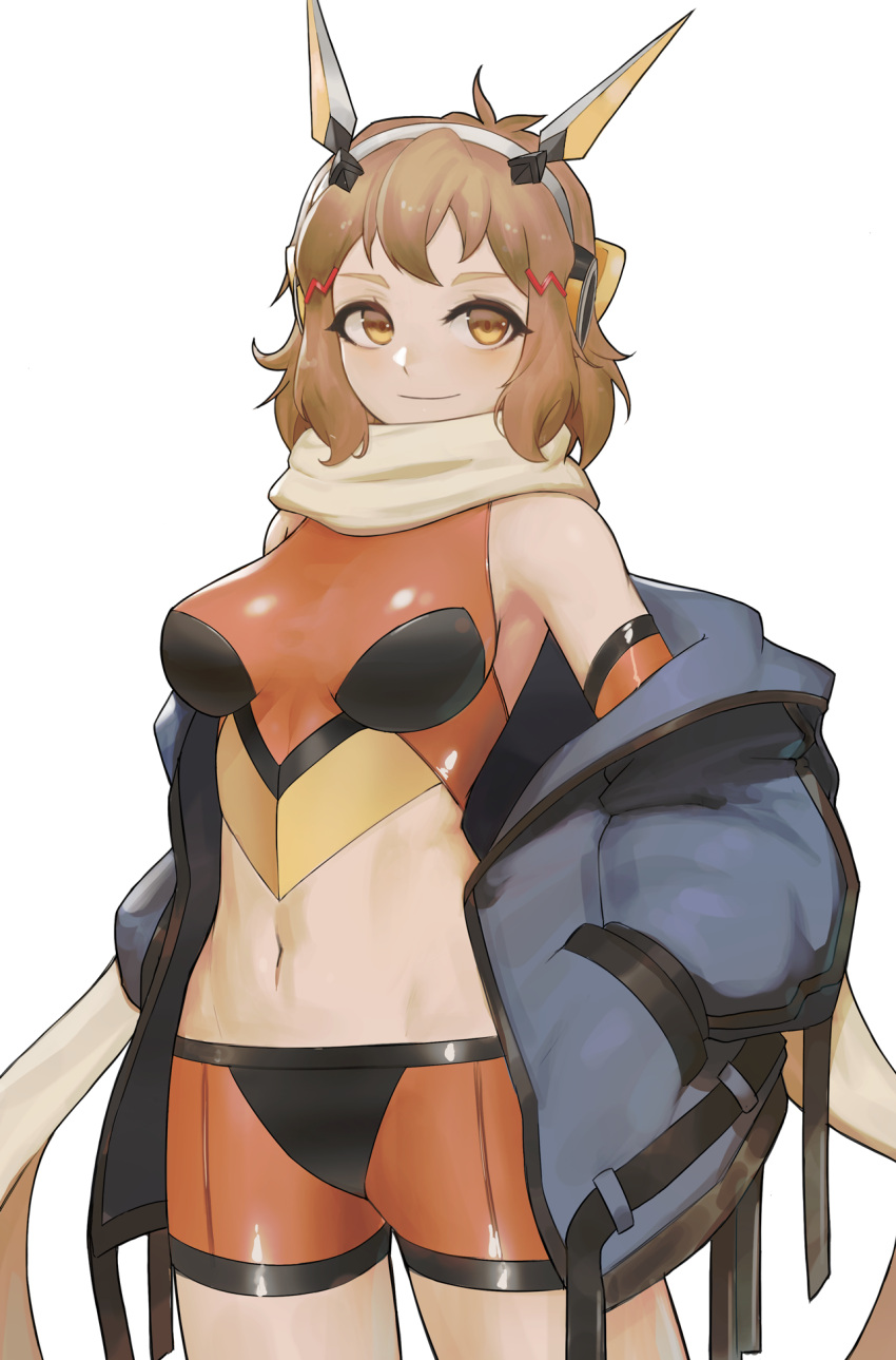 1girl arc2urus bangs bare_shoulders breasts brown_eyes brown_hair brown_scarf closed_mouth commentary cowboy_shot crop_top ear_protection grey_jacket hair_ornament hands_in_pockets headgear highres jacket looking_at_viewer medium_breasts medium_hair midriff navel off_shoulder open_clothes open_jacket orange_shirt orange_shorts scarf senki_zesshou_symphogear shiny shiny_clothes shiny_hair shirt shorts sidelocks simple_background skin_tight sleeveless sleeveless_shirt smile solo standing stomach tachibana_hibiki_(symphogear) white_background