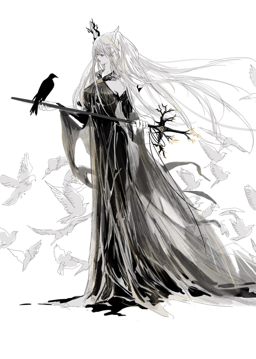 1girl animal arknights bangs bare_shoulders bird black_dress breasts criss-cross_halter crow detached_sleeves dove dress floating_hair flock full_body grey_hair halter_dress halterneck highres holding holding_sword holding_weapon horns large_breasts long_hair looking_at_animal looking_at_viewer pointy_ears shining_(arknights) simple_background sketch solo standing sword very_long_hair weapon white_background ye_(ran_chiiipye)