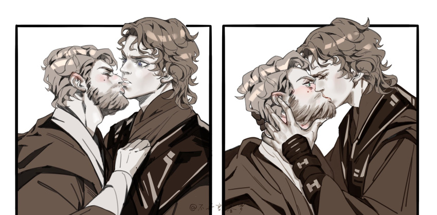 2boys anakin_skywalker beard brown_scales closed_eyes dual_persona facial_hair hands_on_another's_face highres kiss lokidhshs male_focus mole mole_under_eye multiple_boys obi-wan_kenobi simple_background size_difference star_wars yaoi