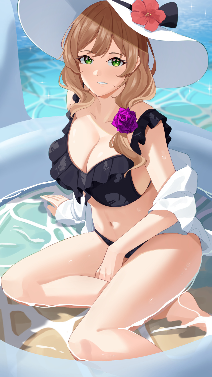 1girl absurdres arm_support bare_legs barefoot bikini black_bikini breasts brown_hair caustics cleavage collarbone commentary english_commentary flower frilled_bikini frills genshin_impact green_eyes grin haerge hair_over_shoulder hat hat_flower hibiscus highres large_breasts lisa_(genshin_impact) long_hair looking_at_viewer low_tied_hair navel off_shoulder open_clothes open_shirt partially_submerged pink_flower pink_rose red_flower revision rose shallow_water shirt sitting_on_water smile solo sparkle stomach swimsuit water white_headwear white_shirt