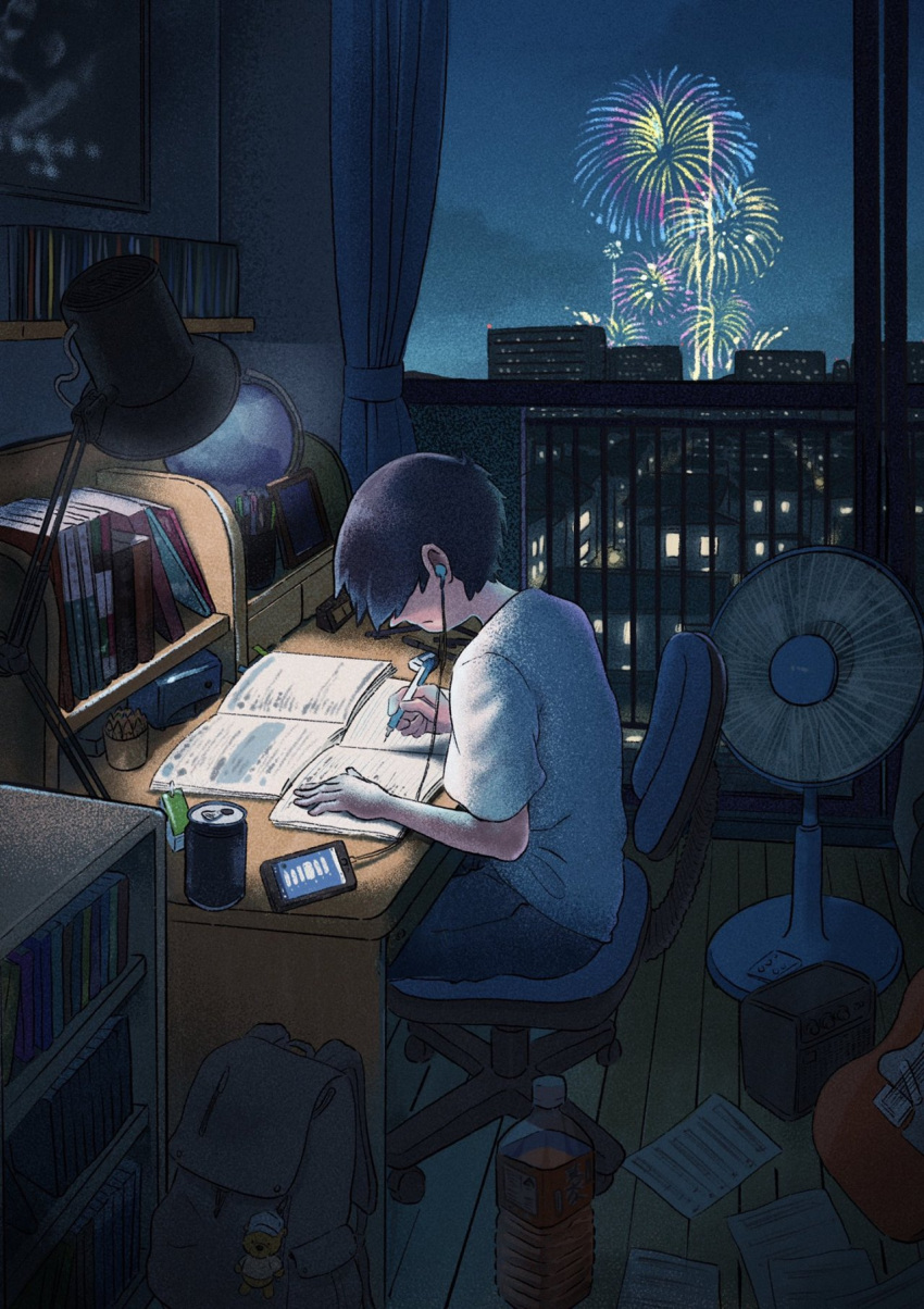 1boy aerial_fireworks black_hair book book_stack building can cellphone chair closed_mouth commentary_request curtains denim drink electric_fan faceless faceless_male festival fireworks fujiwara_yoshito globe headphones highres holding holding_pen jeans light male_focus night night_sky notebook original pants pen phone seat shirt short_hair sitting sky skyscraper soda_can solo studying trash_can white_shirt wooden_floor writing