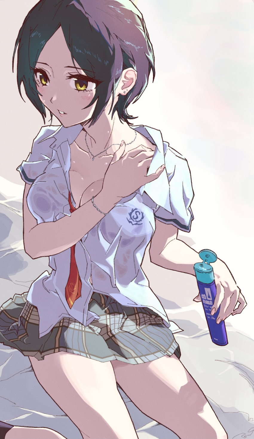 1girl bare_legs bed_sheet bloom_into_me15 blush bra_visible_through_clothes breasts button_gap cleavage collarbone dark_blue_hair earrings hayami_kanade highres idolmaster idolmaster_cinderella_girls idolmaster_cinderella_girls_starlight_stage jewelry looking_away loose_necktie medium_breasts necklace necktie open_collar parted_lips plaid plaid_skirt school_uniform short_hair skirt solo stud_earrings