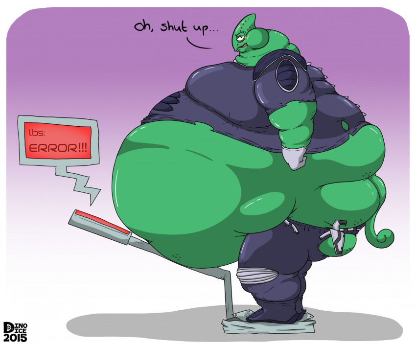 2015 anthro belly belt big_belly big_butt butt chameleon clothing dialogue dino.d.dice double_chin fist gloves green_body green_scales gun handwear holster hyper hyper_belly leather leather_clothing leon_powalski lizard looking_at_viewer male nintendo obese obese_anthro obese_male overweight overweight_anthro overweight_male puffed_cheeks ranged_weapon reptile scales scalie side_view solo standing star_fox talking_to_viewer text torn_clothing uniform video_games weapon weighing_scale
