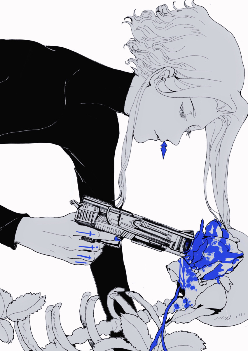 1boy absurdres blood blue_blood blue_nails cross_tattoo earrings eyelashes forever_7th_capital from_side gun half-closed_eyes hand_tattoo handgun headshot highres holding holding_gun holding_weapon iscario_(forever_7th_capital) jewelry leaf light_smile long_sleeves looking_away male_focus monochrome outstretched_arm plant portrait shirt short_hair_with_long_locks simple_background single_earring skeleton solo spot_color tattoo tight tight_shirt weapon ye_(ran_chiiipye)