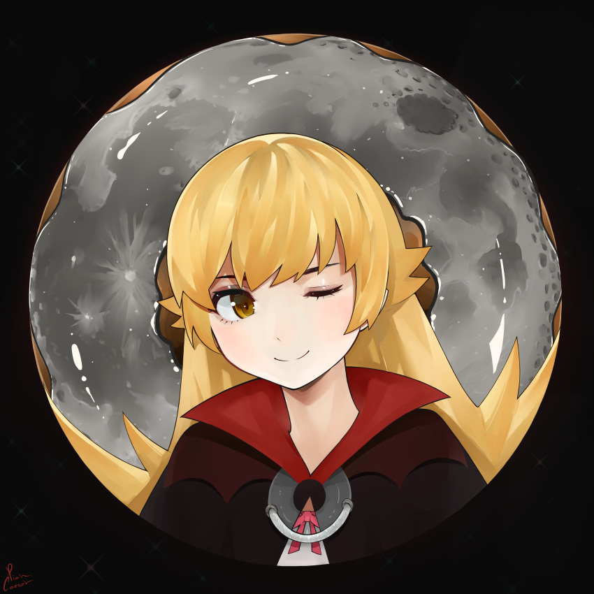 absurdres bangs black_background blonde_hair doughnut food full_moon highres monogatari_(series) moon one_eye_closed oshino_shinobu piancaesar ribbon smile vampire_costume yellow_eyes