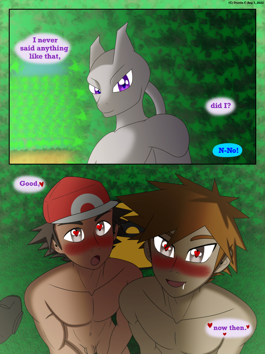 &lt;3 &lt;3_eyes anthro blue_(pok&eacute;mon) blush clothing comic dialogue digital_media_(artwork) dustin_c english_text genitals group hair hat headgear headwear hi_res human legendary_pok&eacute;mon male male/male mammal mewtwo nintendo nude open_mouth penile penis pok&eacute;mon pok&eacute;mon_(species) pok&eacute;mon_trainer red_(pok&eacute;mon) smile speech_bubble text trio video_games