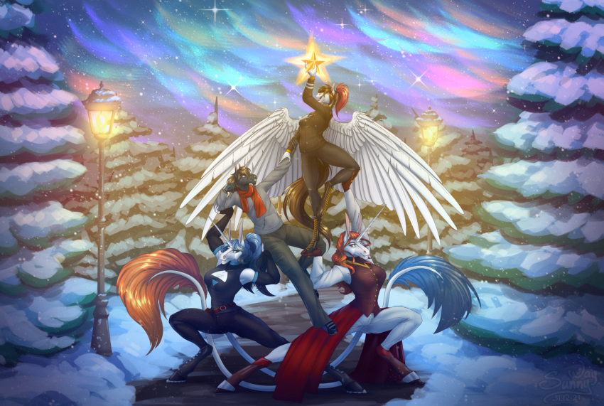 2022 alacorna anthro aurora_borealis brother brother_and_sister christmas digital_drawing_(artwork) digital_media_(artwork) equi equid equine equis_universe evergreen_tree exclusive female group happy holidays horn horse kelesta kelin magic male mammal new_year patreon patreon_artist patreon_exclusive patreon_link pegasus plant sibling sister sisters smile snow star steven_saidon sunny_way sunny_way_(character) text tree unicorn url wings winter