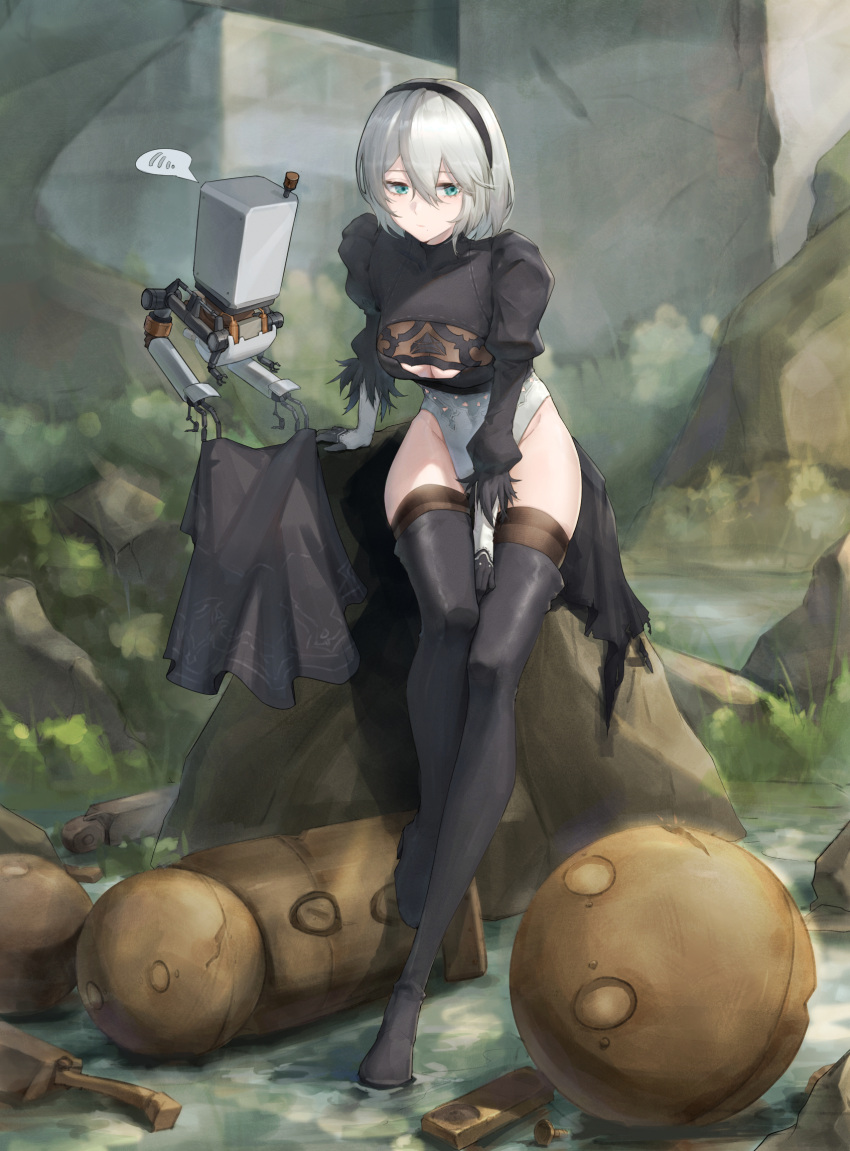 1girl aqua_eyes arm_support ayami_(user_gywv2483) bangs boots breasts cleavage closed_mouth clothing_cutout commentary feather_trim floating full_body gloves hair_ornament hairband highleg highleg_leotard highres leotard long_sleeves medium_breasts mole mole_under_mouth nier_(series) nier_automata outdoors pod_(nier_automata) puffy_sleeves robot shiny shiny_hair short_hair simple_background sitting skirt thigh_boots thighhighs torn_clothes torn_skirt white_hair yorha_no._2_type_b
