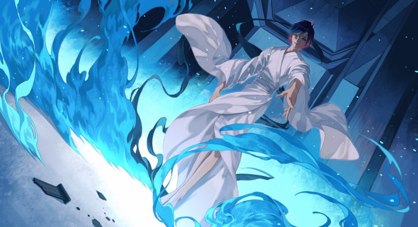 1boy arm_at_side bangs barefoot black_hair blue_fire closed_mouth damaged dutch_angle fire forever_7th_capital indoors light_particles long_sleeves looking_at_viewer male_focus multicolored_hair outstretched_arm reaching reaching_out red_hair robe sash shards shigurefusawa short_hair smile solo spirit_tablet standing white_robe wide_shot wide_sleeves zhong_yao