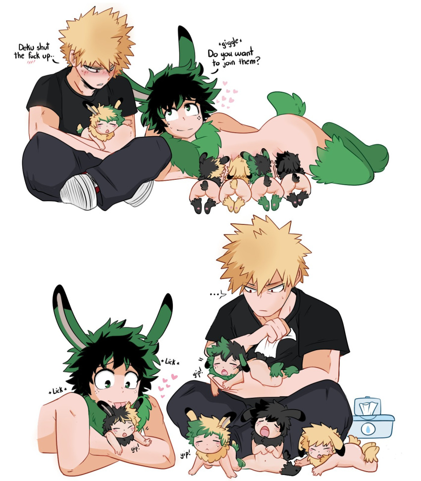 2021 ambiguous_gender animal_humanoid baby black_clothing black_shirt black_topwear blonde_hair breastfeeding butt clothing english_text green_hair hair hi_res human humanoid izuku. izuku_midoriya katsuki_bakugou lagomorph lagomorph_humanoid leporid_humanoid male mammal mammal_humanoid my_hero_academia rabbit_humanoid shirt text topwear wet_wipes young