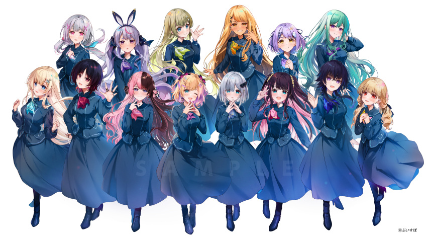 6+girls aizawa_ema asumi_sena bangs black_hair black_ribbon blonde_hair blue_ribbon breasts brown_hair cattleya_regina_games colored_inner_hair dark-skinned_female dark_skin everyone green_hair grey_hair hair_ribbon hanabusa_lisa highres hirai_yuzuki ichinose_uruha iris_black_games kaga_nazuna kaga_sumire kaminari_qpi kisaragi_ren_(vtuber) kogara_toto kurumi_noah long_hair low_twintails lupinus_virtual_games medium_breasts medium_hair multicolored_hair multiple_girls official_art pink_hair purple_eyes purple_hair ribbon sample_watermark shinomiya_runa short_hair smile tachibana_hinano_(vtuber) tosaki_mimi twintails two-tone_hair two_side_up virtual_youtuber vspo! yakumo_beni