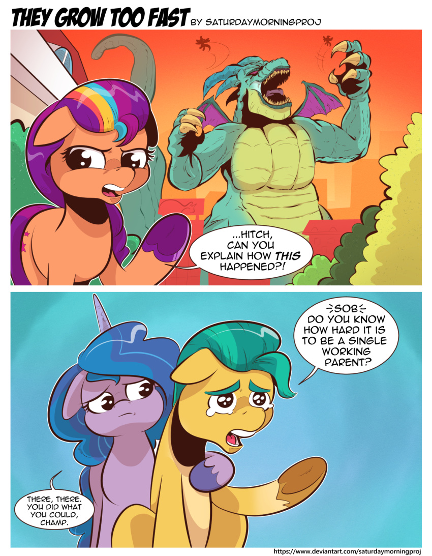 bodily_fluids comic dragon earth_pony equid equine hasbro hi_res hitch_trailblazer_(mlp) horn horse izzy_moonbow_(mlp) mammal mlp_g5 my_little_pony pony saturdaymorningproj sparky_sparkeroni_(mlp) sunny_starscout_(mlp) tears unicorn