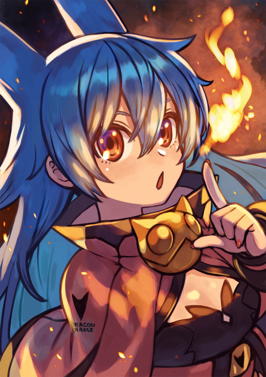 1girl bangs blue_hair breasts capelet clothes_writing embers fingernails fire hair_between_eyes hand_up highres long_hair nail_polish open_mouth orange_capelet orange_eyes orange_nails original ringed_eyes rumie small_breasts solo tiona upper_body