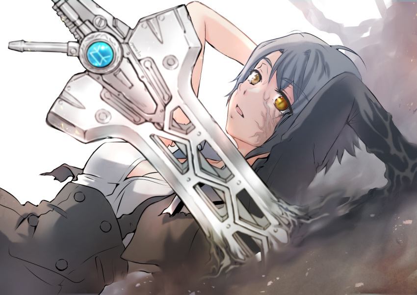 1girl arms_up assault_lily bangs black_skirt breasts buttons cleavage commentary_request corruption cropped_jacket grey_hair high-waist_skirt juliet_sleeves kawazoe_misuzu light_particles long_sleeves looking_away lying medium_breasts mud numanuma on_back on_ground parted_lips partially_unbuttoned planted planted_sword puffy_sleeves school_uniform shirt short_hair sinking skirt solo suspender_skirt suspenders sword torn_clothes upper_body weapon white_background white_shirt yellow_eyes yurigaoka_girls_academy_school_uniform