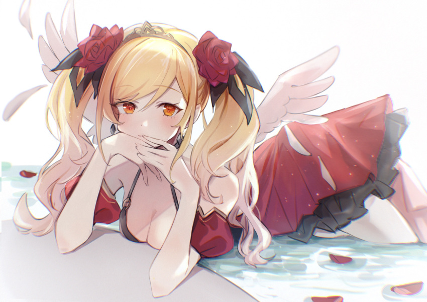 1girl angel_wings arm_support azur_lane ballet_dress bangs bare_shoulders black_ribbon blonde_hair breasts cleavage closed_mouth commentary detached_sleeves dress fake_wings feathered_wings flower hair_flower hair_ornament hair_ribbon hand_to_own_mouth highres leonardo_da_vinci_(azur_lane) long_hair looking_at_viewer medium_breasts official_alternate_costume orange_eyes petals petals_on_liquid puffy_short_sleeves puffy_sleeves red_dress ribbon rose rose_petals short_sleeves solo star_(ensm7883) swept_bangs symbol-only_commentary twintails wings