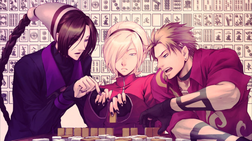 3boys ash_crimson black_gloves black_nails braid brown_hair closed_mouth duo_lon gloves grey_eyes hair_over_one_eye hexermer korean_commentary long_sleeves mahjong mahjong_tile male_focus multiple_boys open_mouth purple_nails shen_woo short_hair short_sleeves single_braid the_king_of_fighters upper_body white_hair