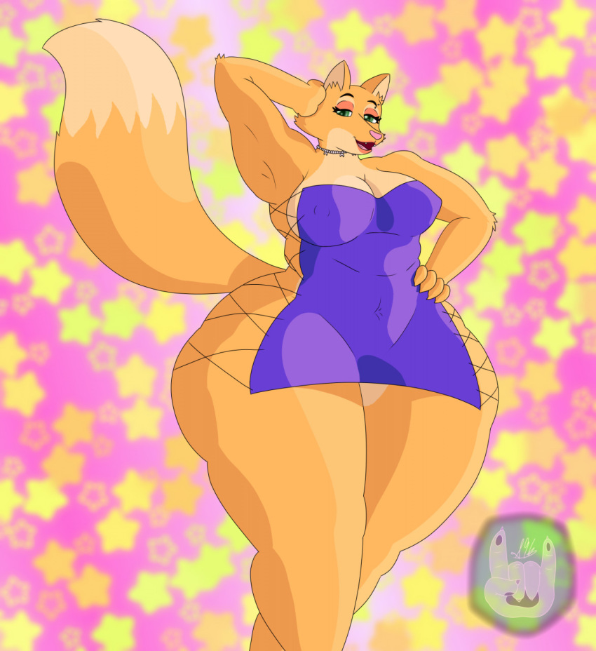 2022 anthro bedroom_eyes big_breasts breasts canid canine cleavage clothed clothing diane_foxington dreamworks erect_nipples eyelashes eyeshadow fangs female fox fur glistening glistening_eyes green_eyes half-closed_eyes hand_on_head hand_on_hip hi_res huge_hips huge_thighs jewelry lipstick looking_at_viewer makeup mammal narrowed_eyes navel_outline necklace nipple_outline nipples open_mouth open_smile orange_body orange_fur pattern_background pink_background sammyc96 seductive shaded sharp_teeth signature simple_background smile solo standing star star-shaped_background teeth the_bad_guys thick_thighs tongue wide_hips