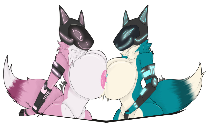 anthro beeps_(species) big_breasts bodily_fluids breasts canid canine couple_(disambiguation) duo elmont female female/female fox genitals hi_res huge_breasts hyper hyper_breasts lactating machine mammal nipples pressing_breasts_together pussy robot selvee_monitor signature