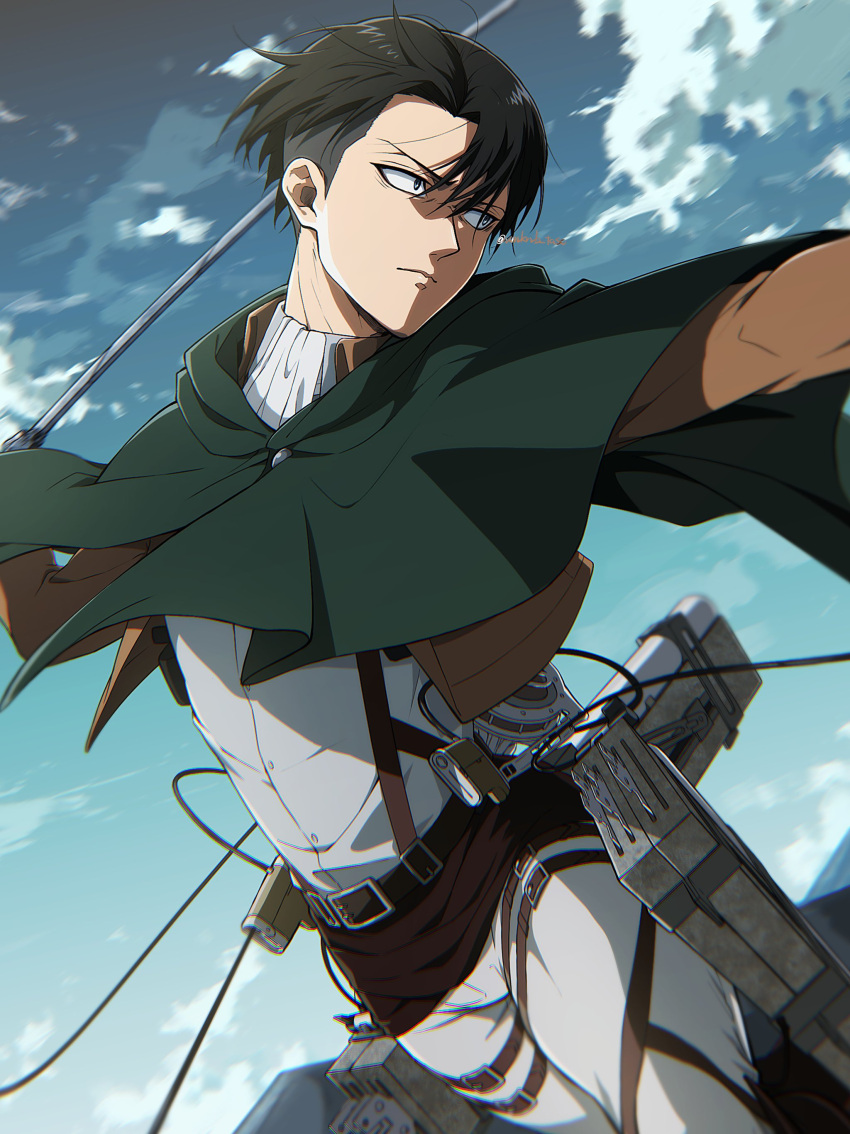 1boy absurdres ascot bangs belt black_hair brown_jacket brown_sash cloak cloud cloudy_sky cowboy_shot cropped_jacket fighting_stance green_cloak hair_between_eyes harness highres holding holding_weapon jacket levi_(shingeki_no_kyojin) looking_to_the_side male_focus outdoors pants parted_bangs shingeki_no_kyojin shirt short_hair sky solo taso_(harutsukimikan) thigh_strap three-dimensional_maneuver_gear waist_sash weapon white_pants white_shirt