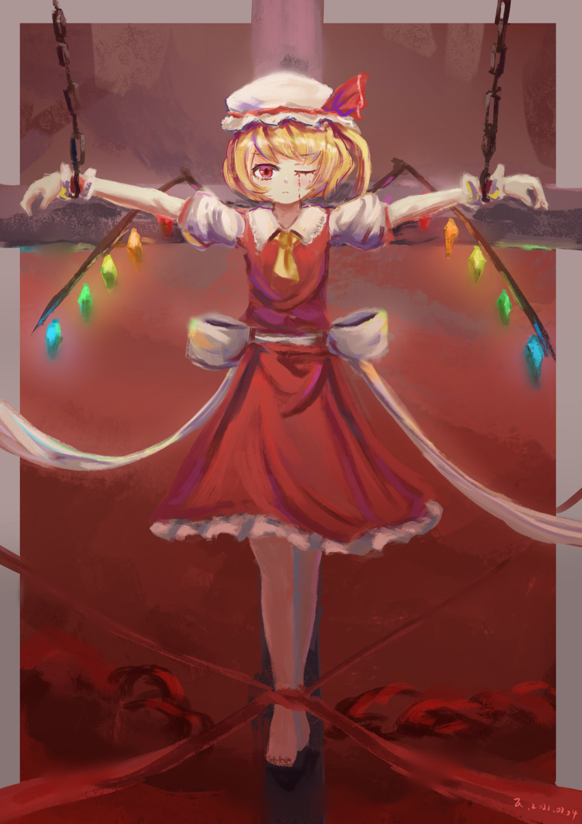 1girl absurdres ascot back_bow barefoot blood blood_from_eyes bow chained_wrists closed_mouth collared_shirt cross flandre_scarlet frilled_skirt frills full_body hat hat_ribbon highres looking_at_viewer mob_cap one_eye_closed puffy_short_sleeves puffy_sleeves red_background red_eyes red_ribbon red_skirt red_theme red_vest ribbon shirt short_hair short_sleeves skirt skirt_set solo tenkijio touhou vest white_bow white_headwear white_shirt wrist_cuffs yellow_ascot