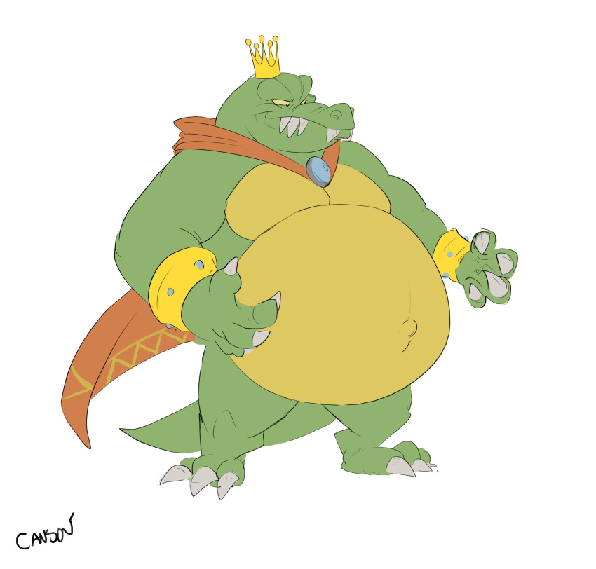 2022 absurd_res anthro belly big_belly canson cape claws clothing crocodilian crown donkey_kong_(series) fangs gem green_body green_skin hi_res jewelry king king_k._rool kremling male musclegut muscular muscular_male navel nintendo outie_navel overweight overweight_male pecs plantigrade reptile royalty scalie sharp_teeth signature simple_background smile solo teeth video_games white_background yellow_body yellow_skin