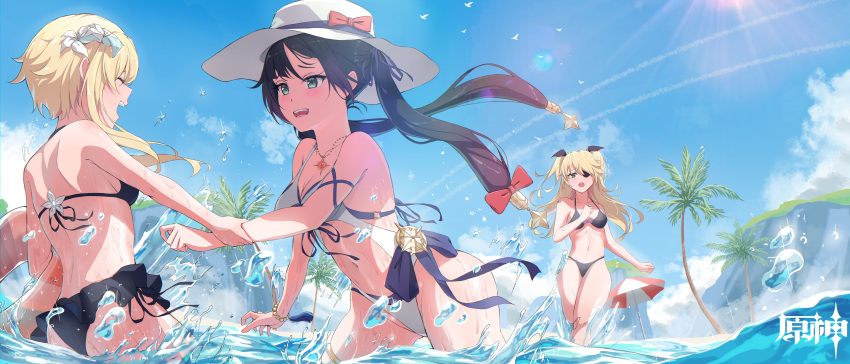 3girls absurdres aqua_eyes beach bikini black_bikini blonde_hair blue_sky bow closed_eyes day eyepatch fischl_(genshin_impact) flower genshin_impact hair_bow hair_flower hair_ornament happy hat highres holding_hands keya_(user_pnkz5883) lumine_(genshin_impact) mona_(genshin_impact) multiple_girls open_mouth partially_submerged scenery sidelocks sky smile summer swimsuit twintails white_bikini