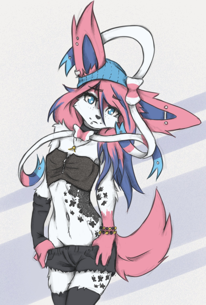 absurd_res anthro armwear blue_eyes breasts clothed clothing eeveelution female hat headgear headwear hi_res legwear looking_at_viewer nintendo pok&eacute;mon pok&eacute;mon_(species) pok&eacute;morph solo sylveon tinygaypirate video_games