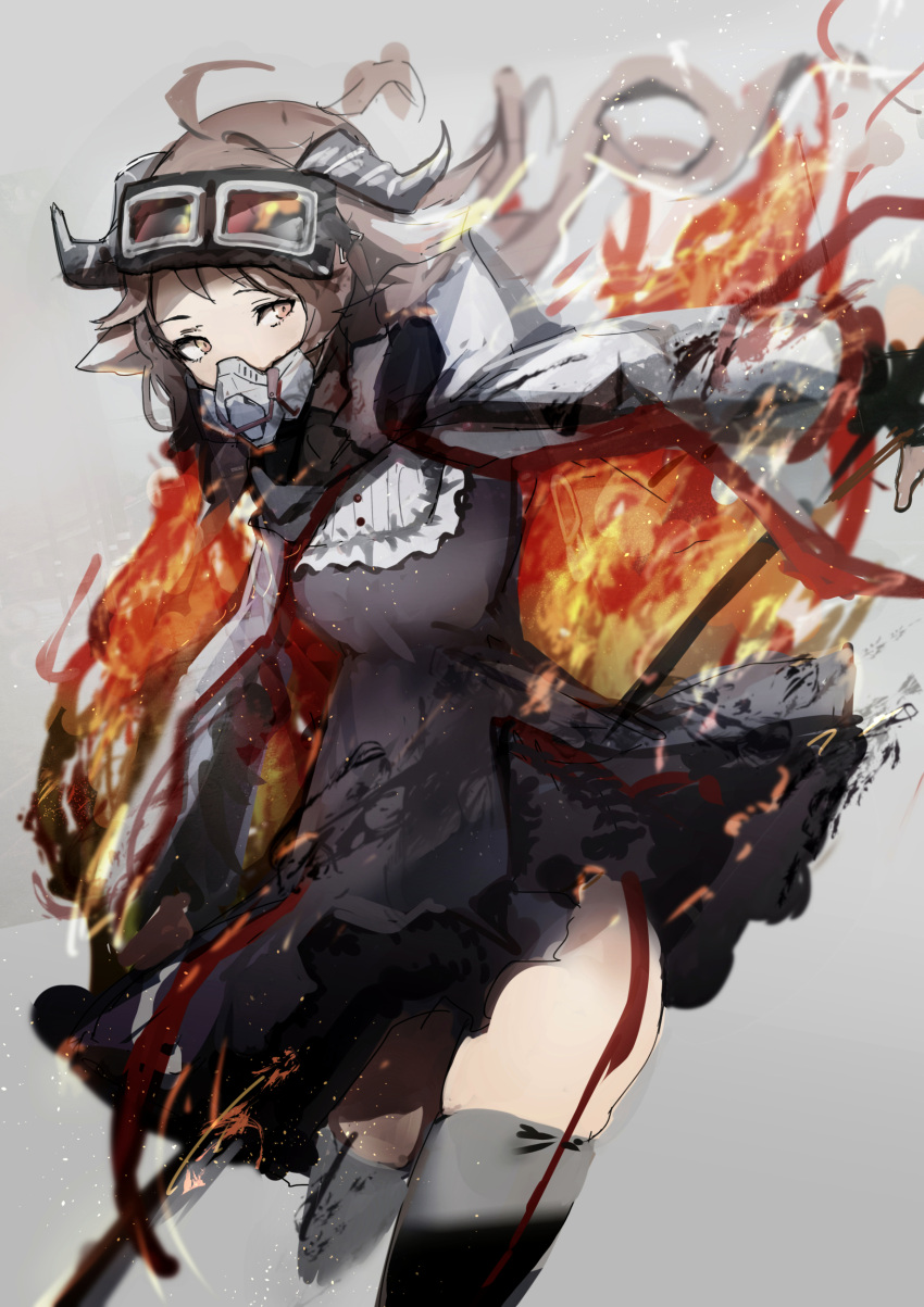1girl absurdres ahoge animal_ears arknights black_dress breasts brown_eyes brown_hair burnt_clothes cape chuhaibane cowboy_shot cropped_legs dress eyjafjalla_(arknights) fire goggles goggles_on_head grey_background grey_thighhighs highres horns long_hair looking_at_viewer mask respirator sheep_ears sheep_girl sheep_horns simple_background small_breasts solo thighhighs white_cape