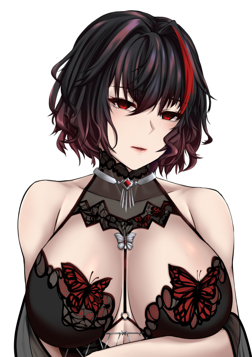 1girl bare_shoulders black_hair breasts collarbone commission cosplay girls'_frontline highres large_breasts multicolored_hair parted_lips red_eyes ripper_(girls'_frontline) sam_desu sangvis_ferri short_hair solo streaked_hair vsk-94_(girls'_frontline) vsk-94_(girls'_frontline)_(cosplay) vsk-94_(night_on_the_silver_bay)_(girls'_frontline)