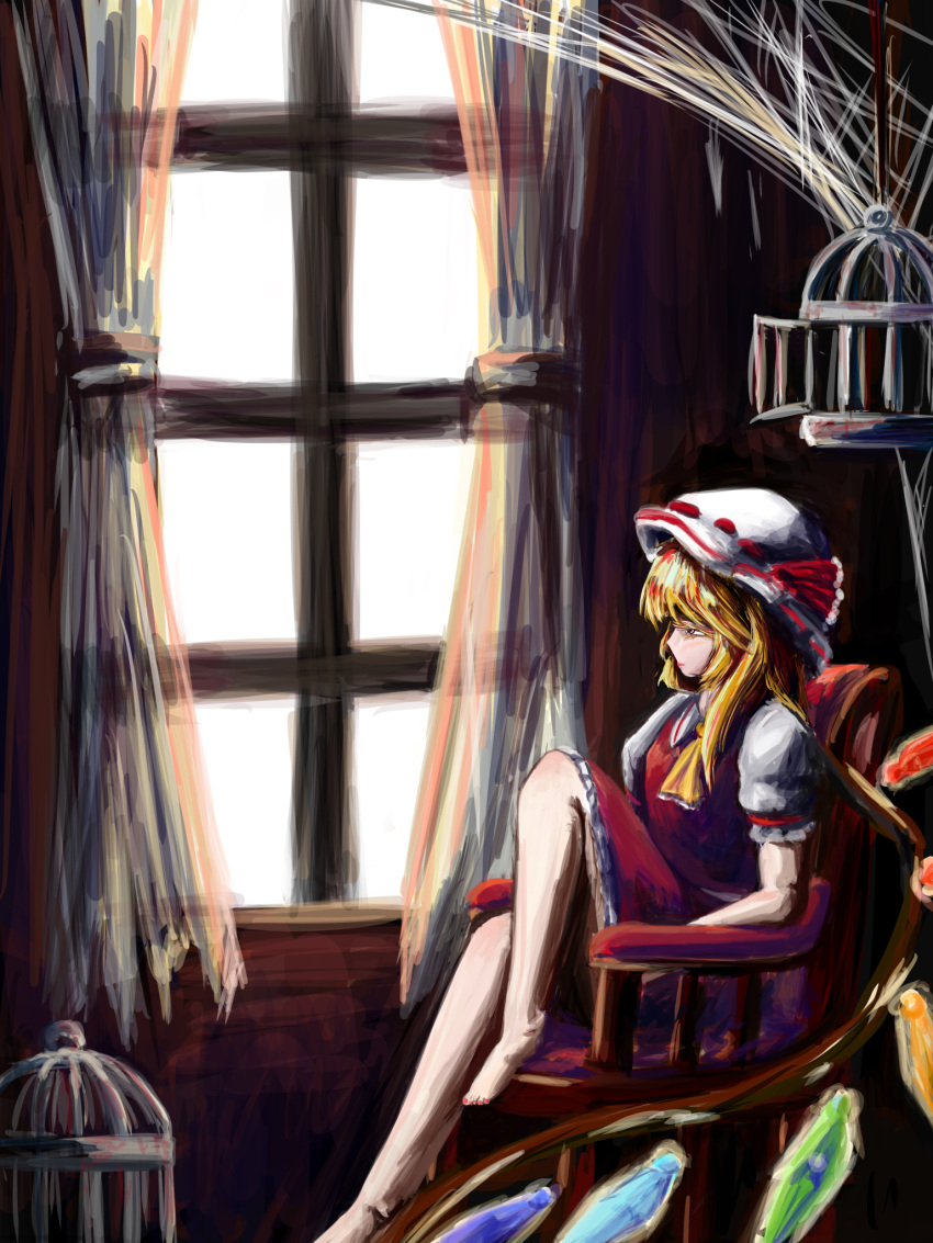 1girl 4mlolqceonup187 barefoot birdcage blonde_hair cage commentary_request curtains flandre_day flandre_scarlet foot_out_of_frame frilled_skirt frilled_sleeves frills hat highres indoors medium_hair mob_cap multicolored_wings nail_polish on_chair puffy_short_sleeves puffy_sleeves rainbow_order rainbow_wings red_nails red_skirt red_vest ribbon-trimmed_headwear ribbon_trim shirt short_sleeves sitting skirt skirt_set solo touhou vest white_headwear white_shirt wings