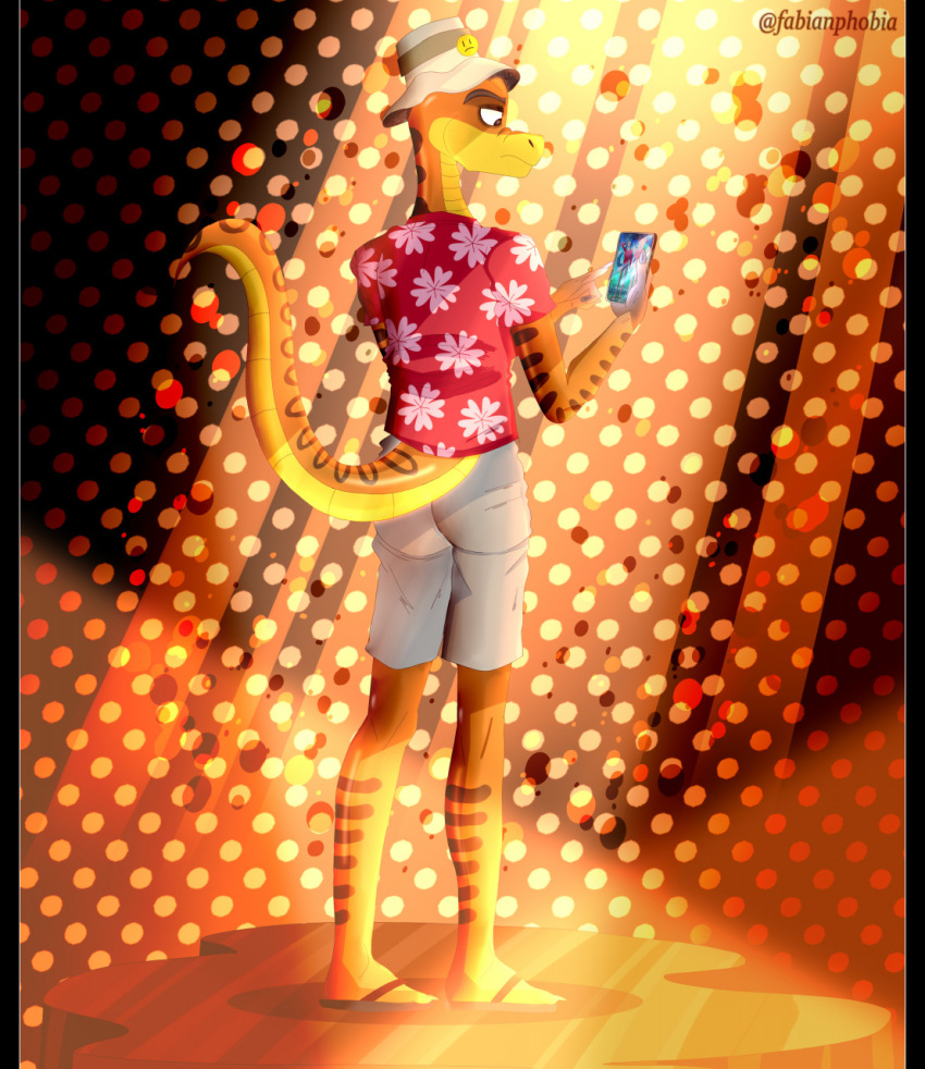 aloha_shirt anthro anthrofied biped bottomwear butt cellphone clothed clothing digital_media_(artwork) dreamworks fabianphobia feet fingers flip_flops footwear hat headgear headwear hi_res holding_cellphone holding_object holding_phone looking_at_object looking_at_phone male mr._snake_(the_bad_guys) pattern_clothing pattern_shirt pattern_topwear phone rear_view reptile sandals scalie shirt shorts snake solo standing the_bad_guys topwear