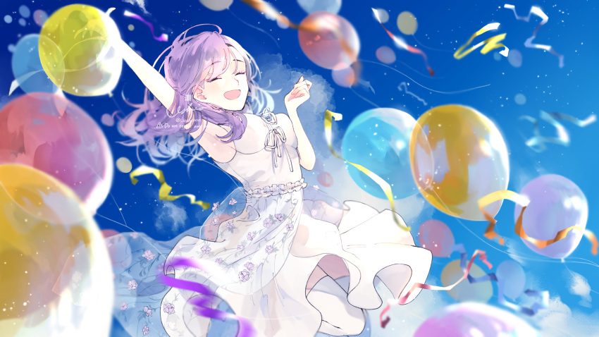 1girl \o/ absurdres arm_up arms_up balloon bangs blue_sky chao_(4227839) character_request closed_eyes dress floating_hair floral_print full_body happy highres jumping legs_up light_particles long_hair open_mouth outdoors outstretched_arm outstretched_arms project_sekai purple_hair ribbon sky smile solo streamers thighhighs utaite_(singer) watermark white_dress white_ribbon white_thighhighs wind