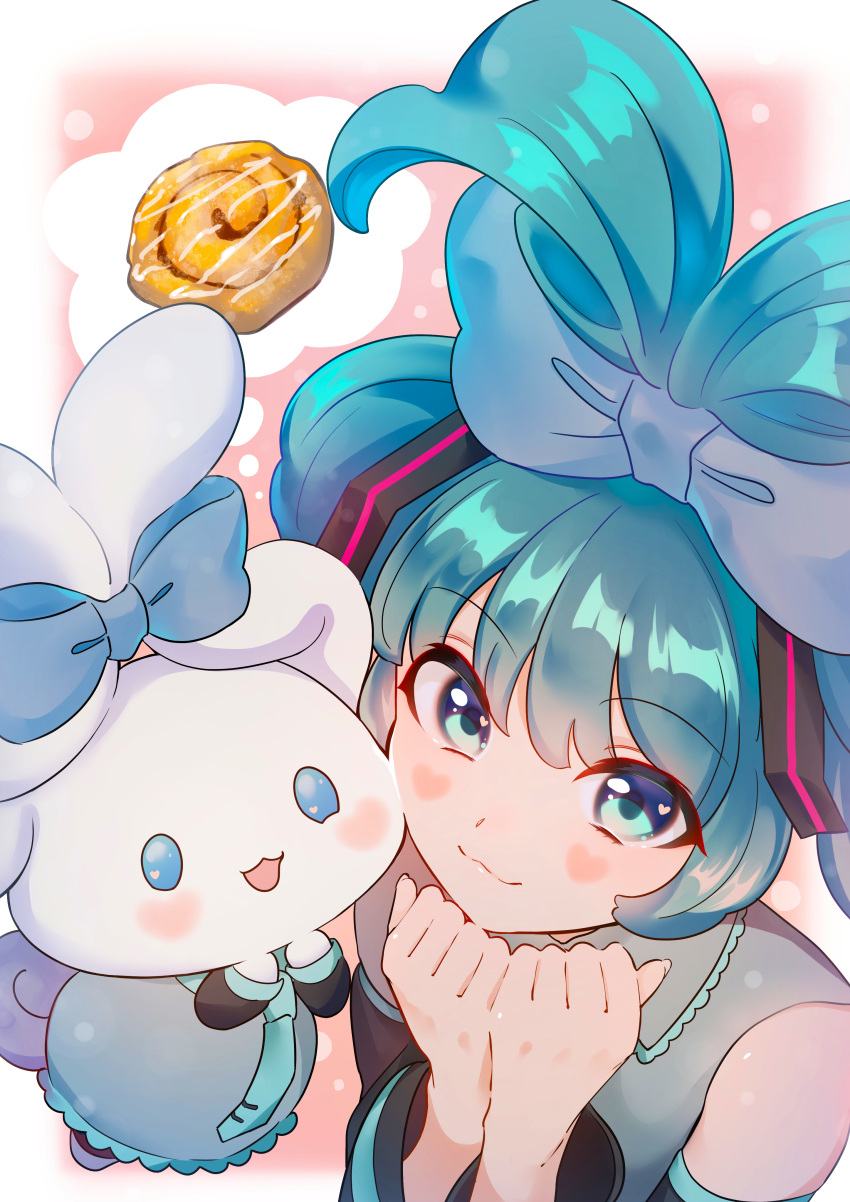 1girl :3 absurdres aqua_bow aqua_eyes aqua_hair aqua_necktie bare_shoulders black_sleeves blue_bow borrowed_hairstyle bow cinnamiku cinnamon_roll cinnamoroll closed_mouth cosplay creature crossover double_bun ear_bow folded_twintails from_above grey_shirt hair_bow hair_bun hair_rings hands_up hatsune_miku hatsune_miku_(cosplay) highres looking_at_viewer matching_outfit necktie rubianeko sanrio shirt smile tie_clip tied_ears updo upper_body vocaloid