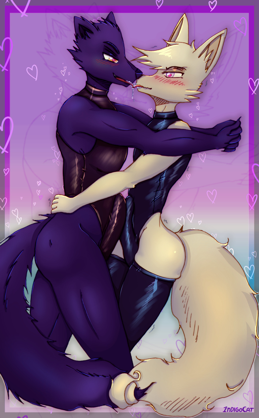 &lt;3 &lt;3_eyes 1ndigocat 2022 absurd_res animal_genitalia animal_penis anthro big_penis blush bodily_fluids butt canid canine canine_penis canis clothing couple_(disambiguation) cute_expression drooling duo embrace fan_character fox frottage fur genitals girly hi_res hug kemono kissing latex_stockings long_tail male male/male mammal nude penis purple_body purple_fur romantic romantic_couple rubber rubber_clothing rubber_suit saliva sex sly smile tan_body tan_fur thick_thighs tongue toony toony_eyes white_eyes wolf yellow_eyes