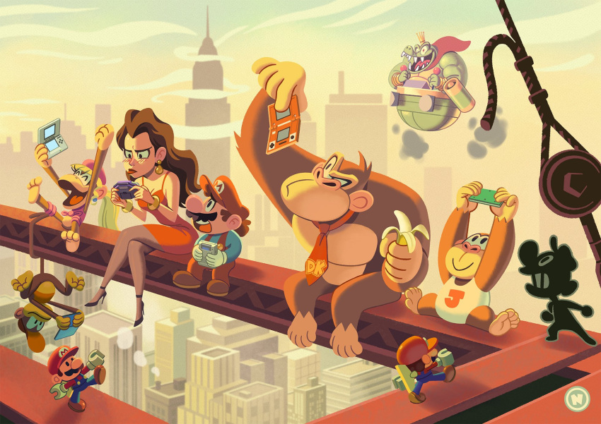 2girls 6+boys banana brown_hair city dixie_kong donkey_kong donkey_kong_(game) donkey_kong_(series) donkey_kong_country donkey_kong_jr. donkey_kong_jr._(game) dress facial_hair food fruit game_boy game_boy_advance game_boy_micro handheld_game_console hanging highres king_k._rool mario mario_(series) mario_vs._donkey_kong mario_vs._donkey_kong_2:_march_of_the_minis monkey_boy monkey_girl multiple_boys multiple_girls mustache necktie nintendo_3ds nintendo_ds nuri_durr pauline_(mario) red_dress upside-down